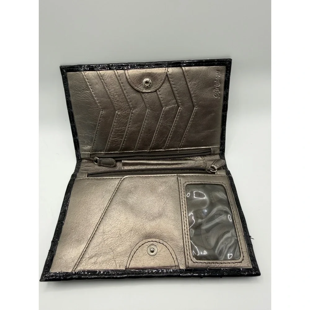 Brighton Black Croc Embossed Patent Leather Wallet Pewter Metallic Interior